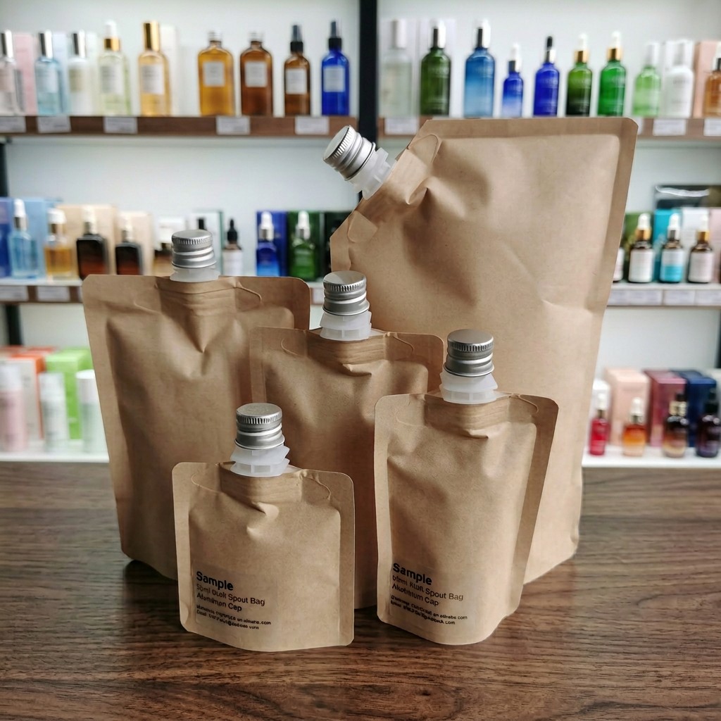 Kraft-look spout pouch samples photographed in a personal-care setting